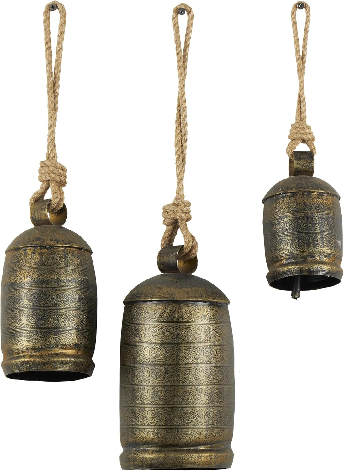 Metal Decorative Cow Bells Tibetan Inspired with Jute Hanging Rope, Set of 3 10",8",6"H, Bronze