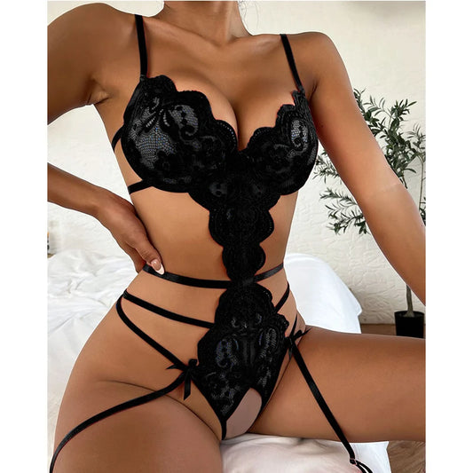 S-3XL Hot Erotic Bra + Thongs Garters Set plus Size Women Lingerie Sex Underwear Set Porn Sex Costumes Transparent Lace Babydoll