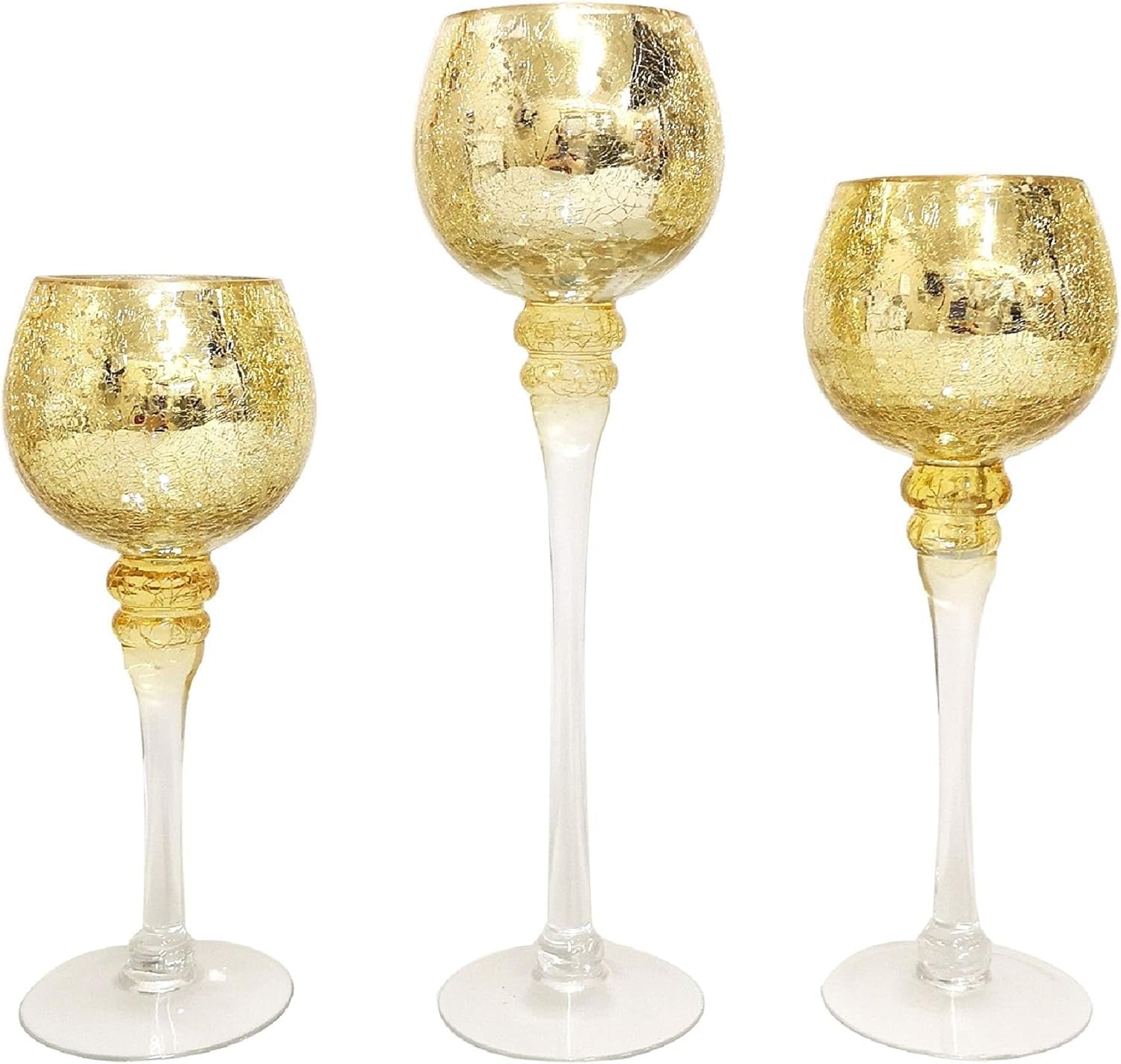 Elegant Set of 3 Crackle Gold Glass Tealight Holders - 9", 10", and 12" High - Perfect for Weddings, Special Events, and Gifts