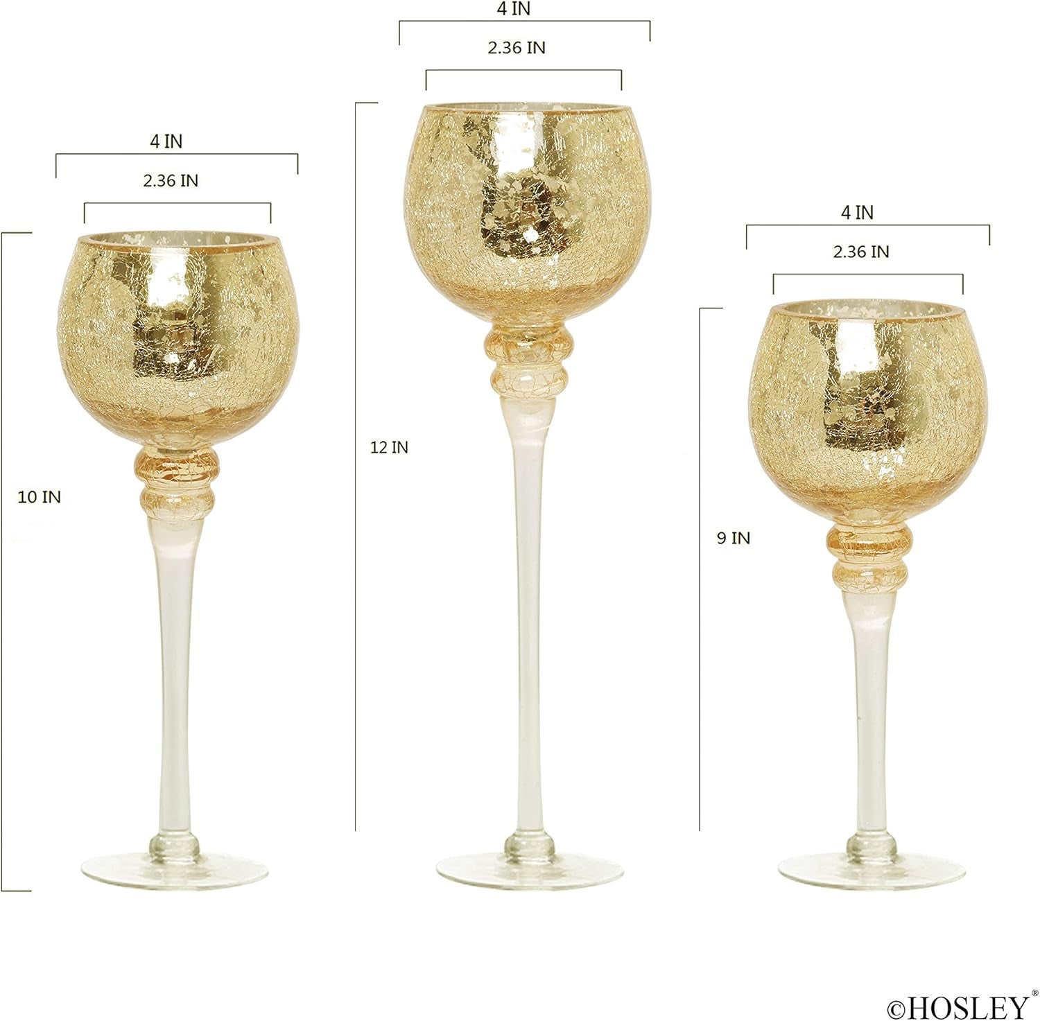 Elegant Set of 3 Crackle Gold Glass Tealight Holders - 9", 10", and 12" High - Perfect for Weddings, Special Events, and Gifts