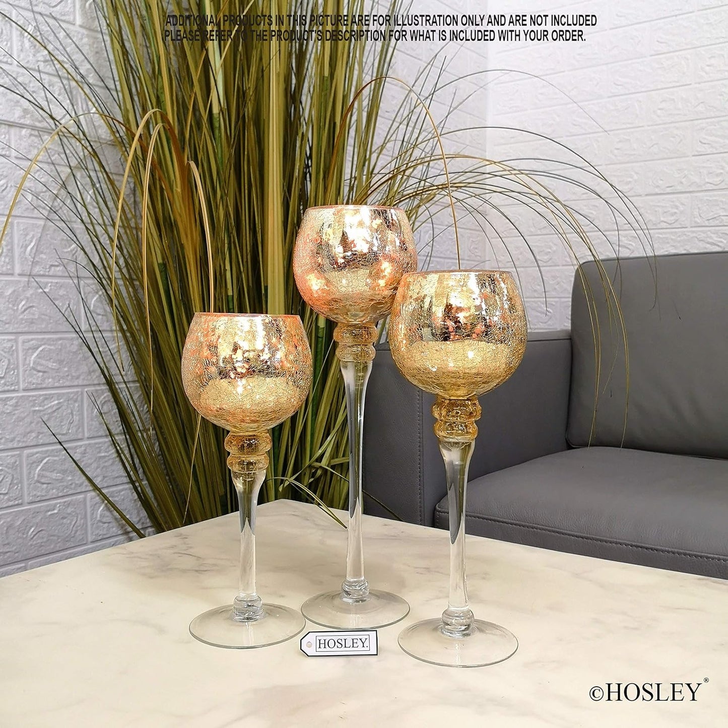 Elegant Set of 3 Crackle Gold Glass Tealight Holders - 9", 10", and 12" High - Perfect for Weddings, Special Events, and Gifts