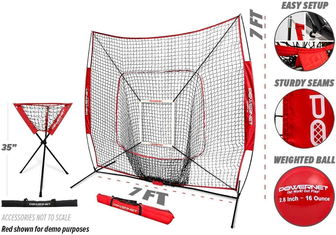 DLX Combo 6 Piece Set for Baseball Softball (Pink) | 7X7 Practice Net Bundle W/Strike Zone, Ball Caddy + 3 Weighted Training Balls | Team or Solo Training | Hitting & Throwing