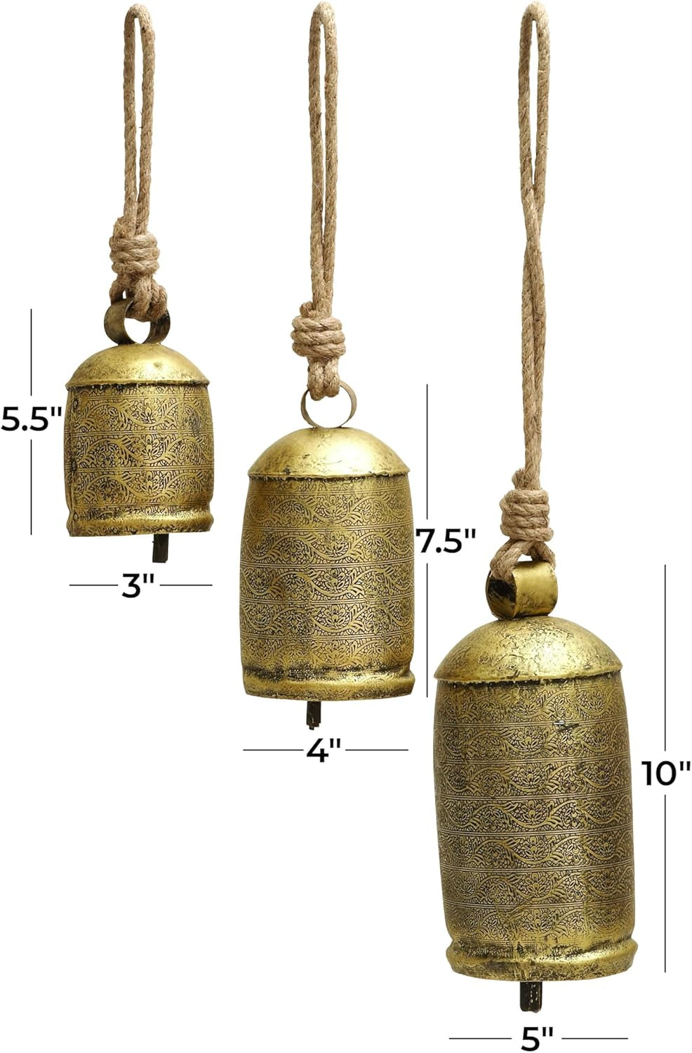 Metal Decorative Cow Bells Tibetan Inspired with Jute Hanging Rope, Set of 3 10",8",6"H, Bronze