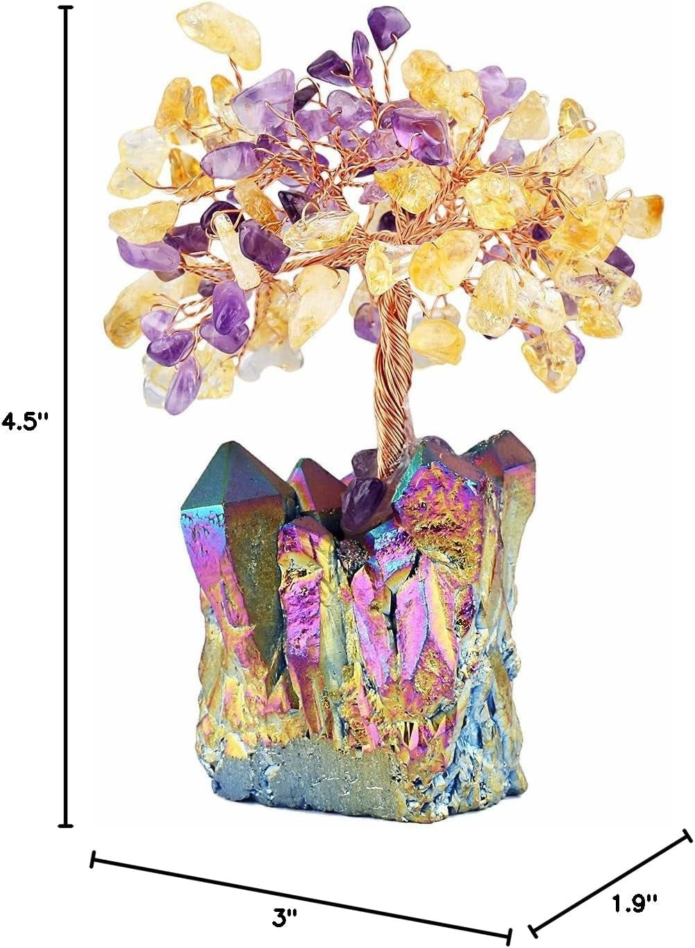 Citrine & Amethyst Crystal Tree, Quartz Cluster Rainbow Titanium Crystals Base Bonsai Money Tree for Wealth and Luck