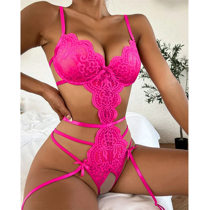 S-3XL Hot Erotic Bra + Thongs Garters Set plus Size Women Lingerie Sex Underwear Set Porn Sex Costumes Transparent Lace Babydoll