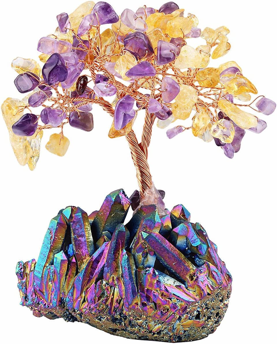 Citrine & Amethyst Crystal Tree, Quartz Cluster Rainbow Titanium Crystals Base Bonsai Money Tree for Wealth and Luck