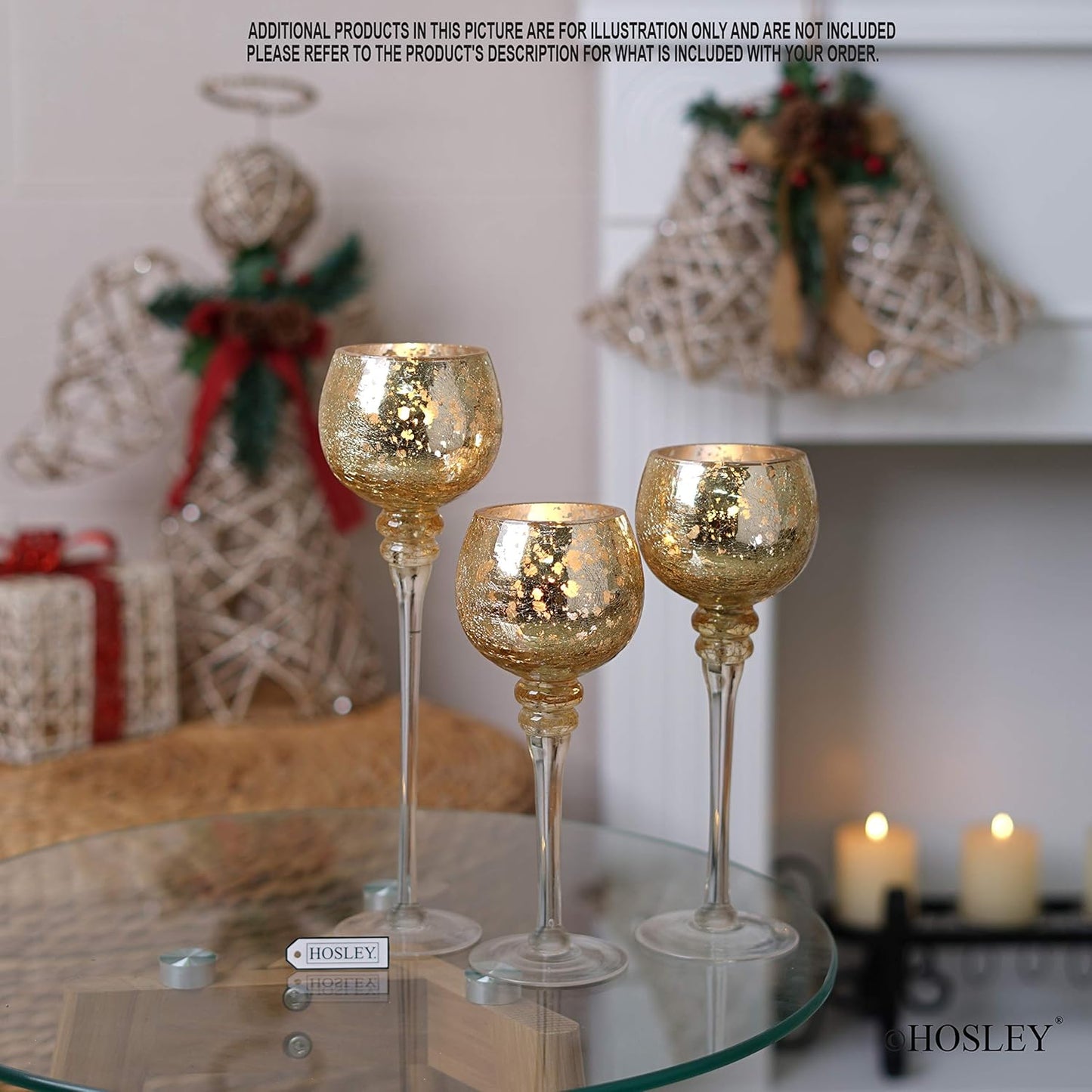 Elegant Set of 3 Crackle Gold Glass Tealight Holders - 9", 10", and 12" High - Perfect for Weddings, Special Events, and Gifts