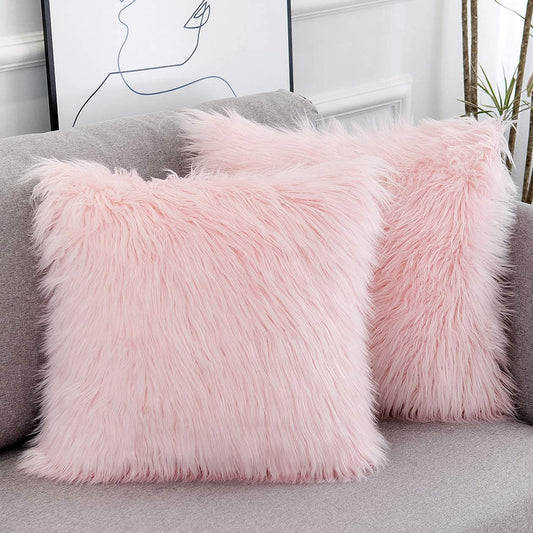 Set of 2 Valentines Day Pink Fluffy Pillow Covers New Luxury Series Merino Style Blush Faux Fur Decorative Throw Pillow Covers Square Fuzzy Cushion Case 18X18 Inch