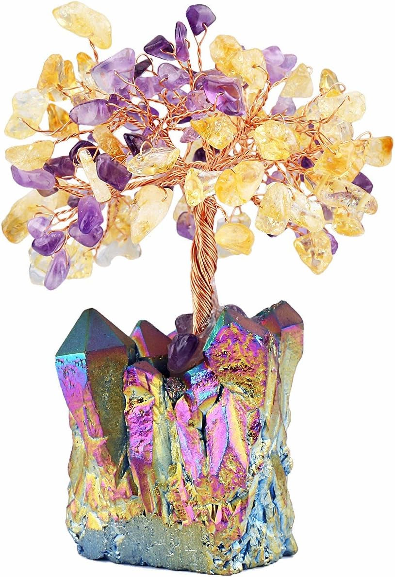 Citrine & Amethyst Crystal Tree, Quartz Cluster Rainbow Titanium Crystals Base Bonsai Money Tree for Wealth and Luck