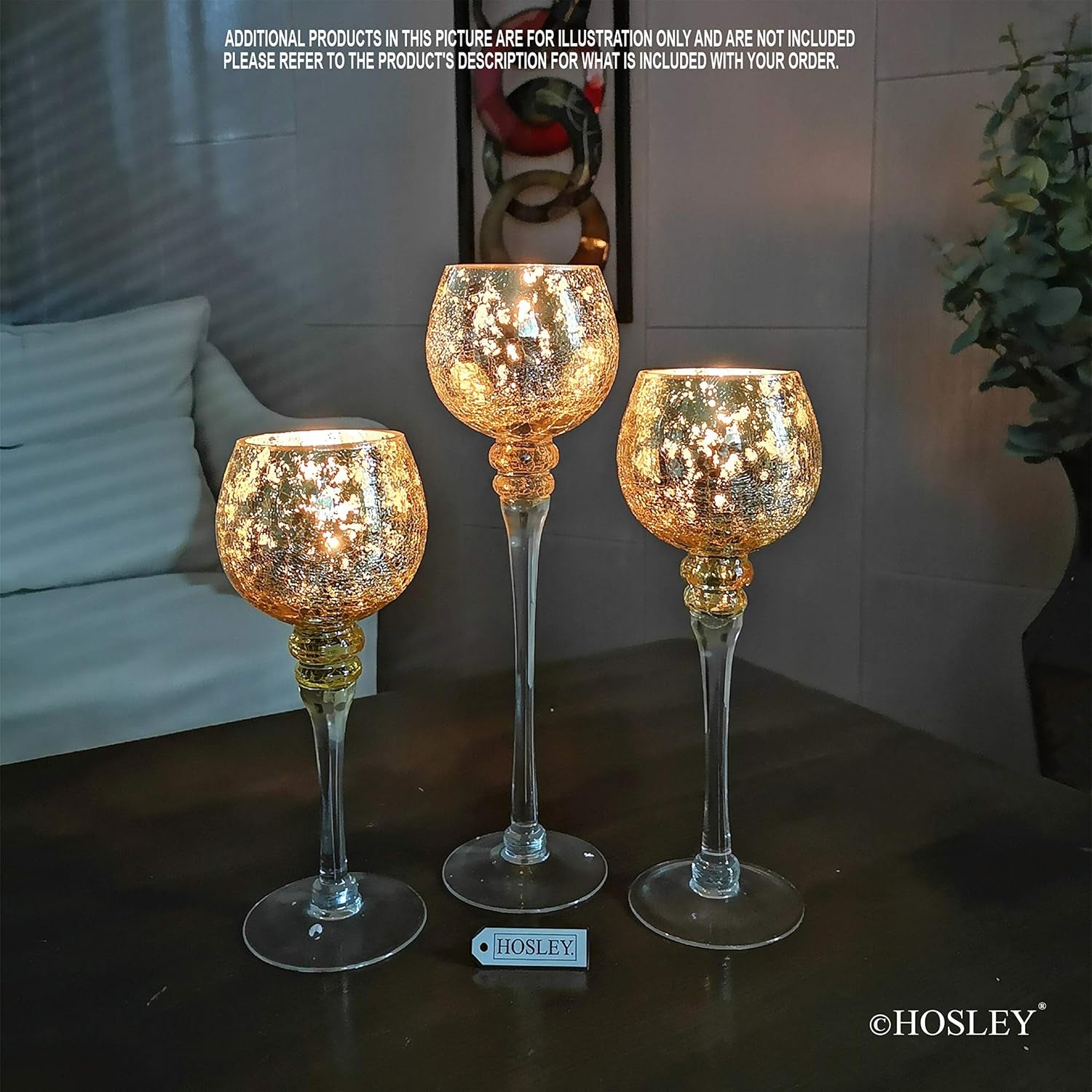 Elegant Set of 3 Crackle Gold Glass Tealight Holders - 9", 10", and 12" High - Perfect for Weddings, Special Events, and Gifts