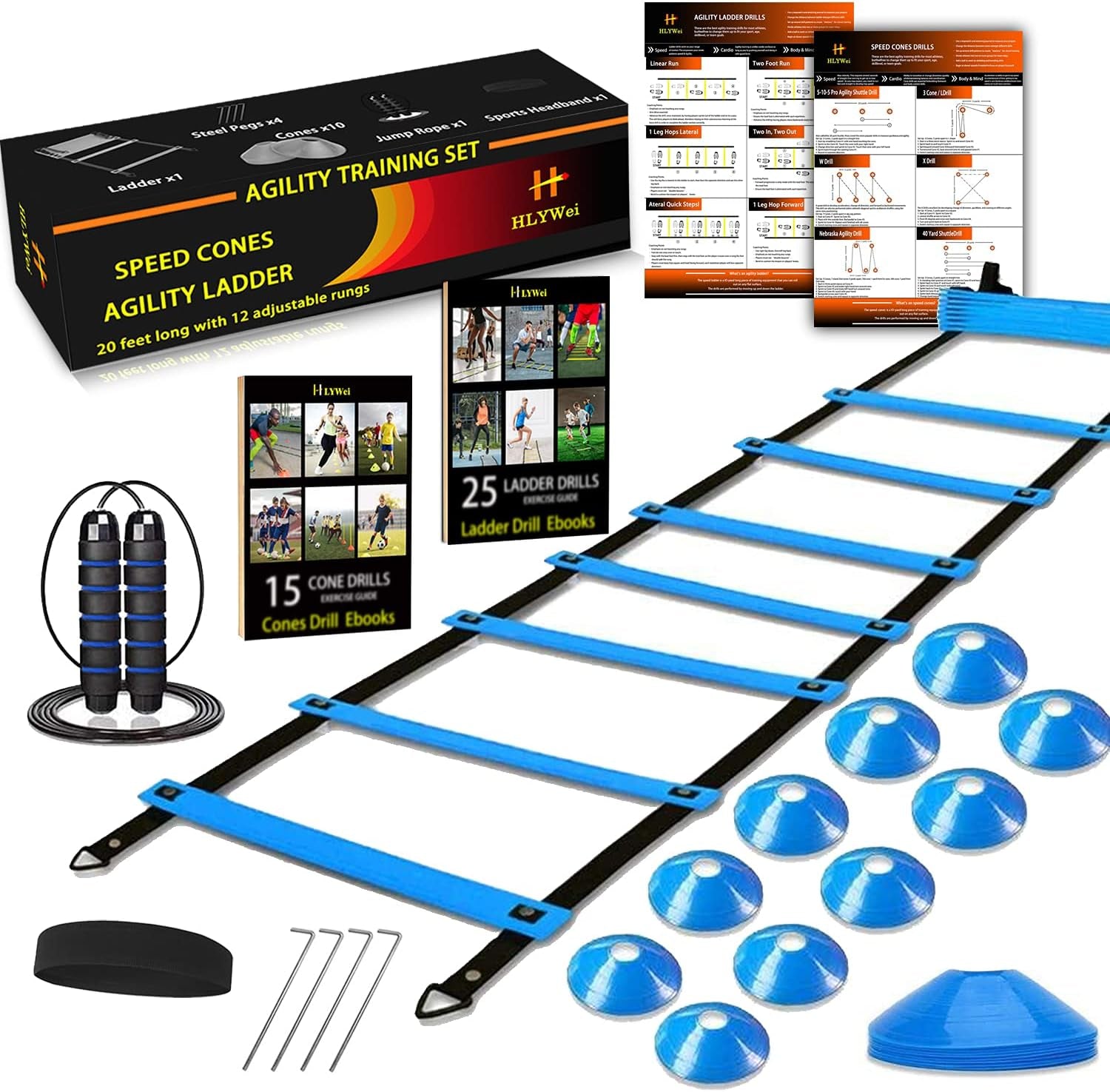 Speed Agility Training Set, Includes 1 Agility Ladder, 4 Steel Stakes, 1 Sports Headband,1 Jump Rope, 10 Disc Cones and Gym Carry Bag - Speed Training Equipment for Soccer Football Basketball