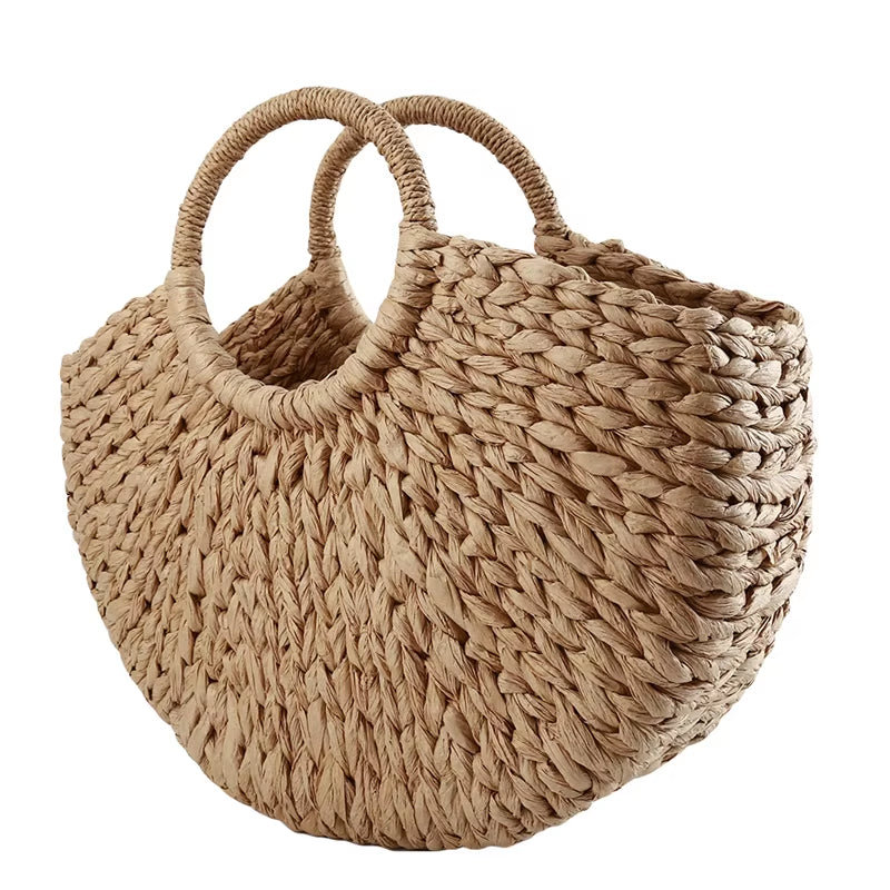 Women New Straw Handbags Woman Handmade Woven Basket Rattan Handbag for Femme Ladies Simple All-Match Handbag