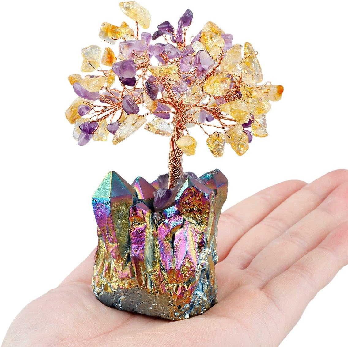 Citrine & Amethyst Crystal Tree, Quartz Cluster Rainbow Titanium Crystals Base Bonsai Money Tree for Wealth and Luck