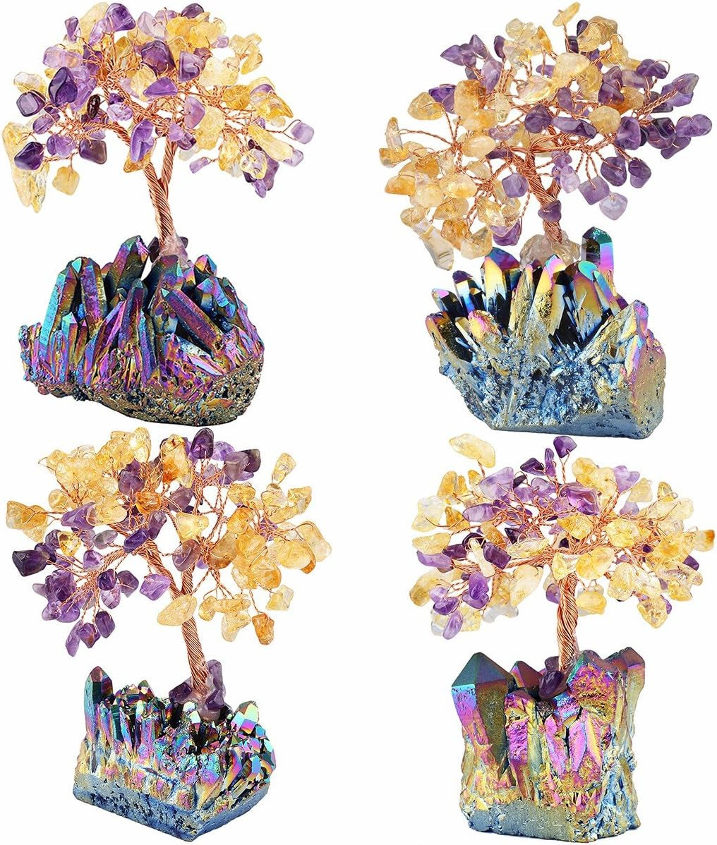 Citrine & Amethyst Crystal Tree, Quartz Cluster Rainbow Titanium Crystals Base Bonsai Money Tree for Wealth and Luck