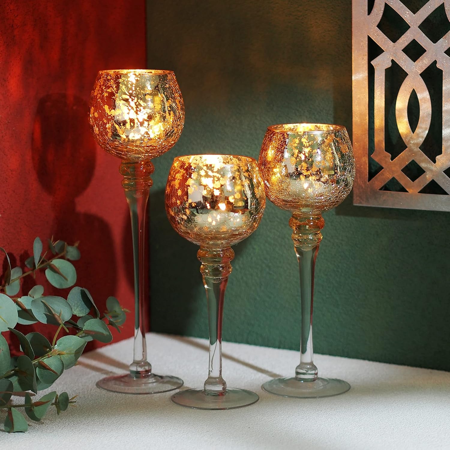 Elegant Set of 3 Crackle Gold Glass Tealight Holders - 9", 10", and 12" High - Perfect for Weddings, Special Events, and Gifts