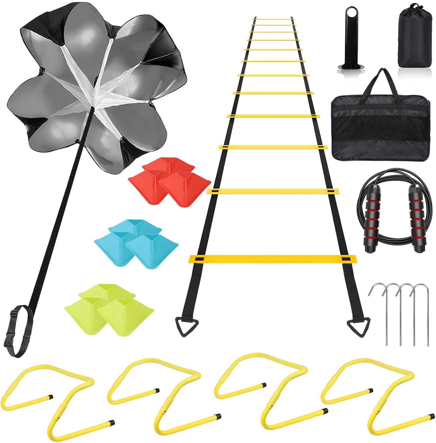 Speed Agility Training Set, Includes Speed Running Parachute, Adjustable Hurdle, Adjustable Agility Ladder, Disc Cones, Jump Rope with Carrying Bag ,For Speed Training Equipment Training Athletes