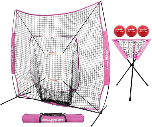 DLX Combo 6 Piece Set for Baseball Softball (Pink) | 7X7 Practice Net Bundle W/Strike Zone, Ball Caddy + 3 Weighted Training Balls | Team or Solo Training | Hitting & Throwing